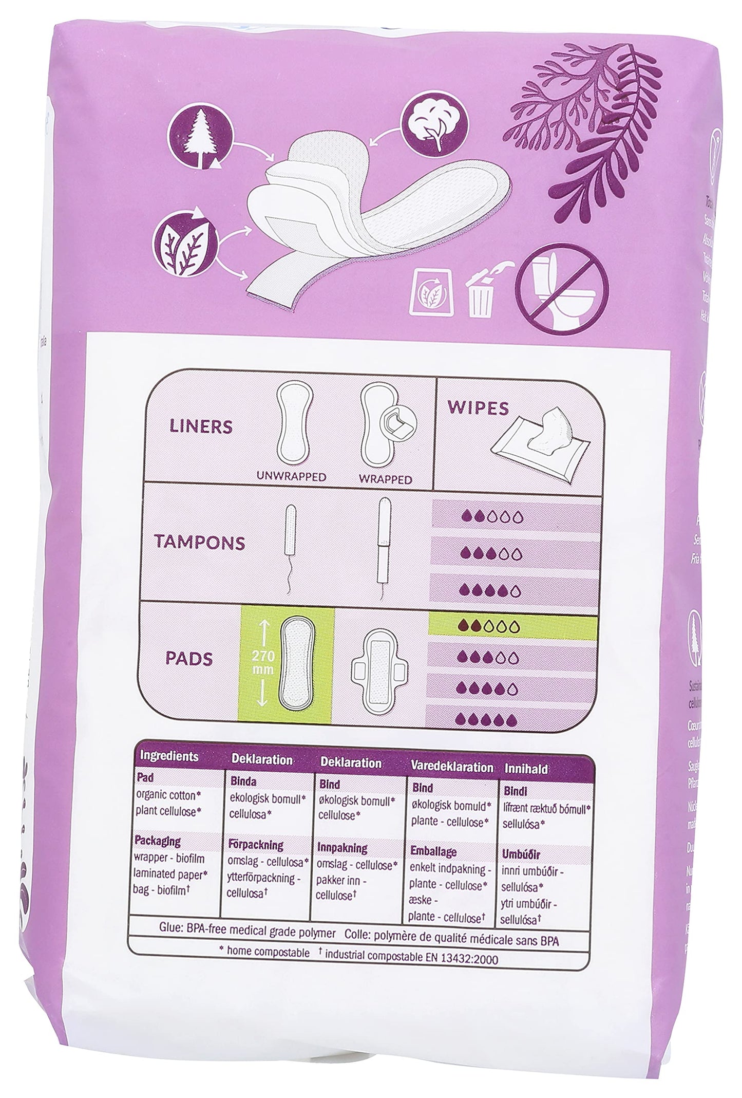 Natracare Natural Traditional Style Maxi Pads, Regular, Individually Wrapped, Without Wings in Plant-Based Bag (1 Pack, 14 Pads Total)
