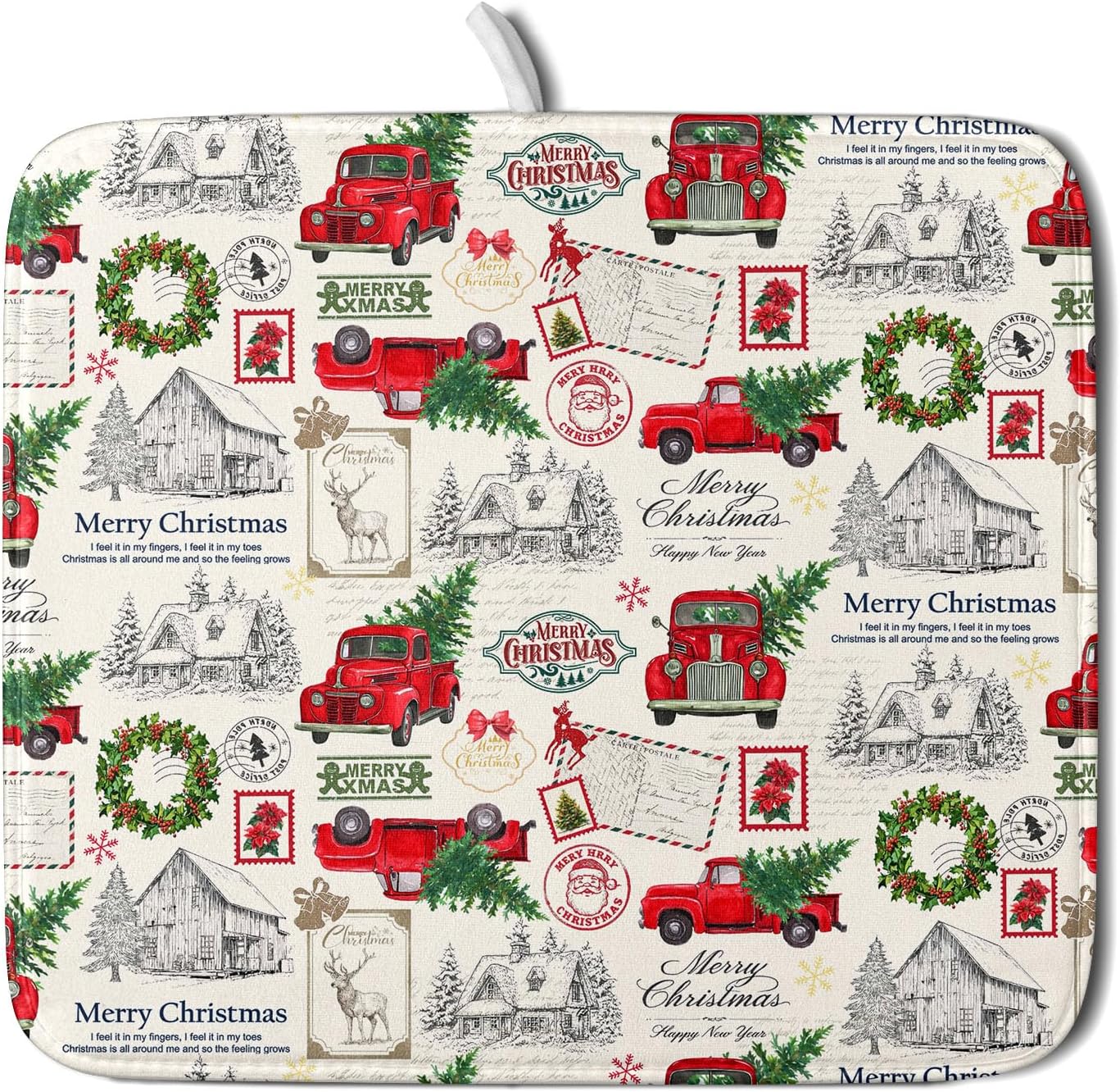 Christmas Red Truck Dish Drying Mat for Kitchen Counter Vintage Xmas Theme Drying Mat 16x18 Inch Winter Holiday Absorbent Dish Drainer Mat Christmas Kitchen Accessories