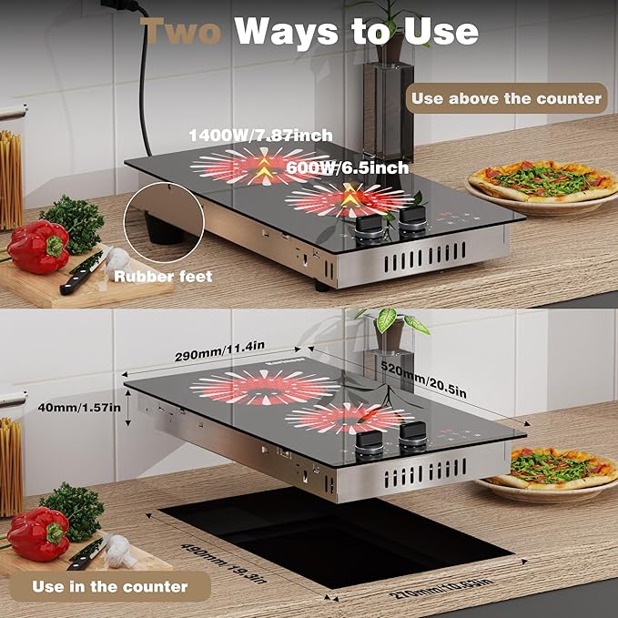 Karinear 110V Electric Cooktop 2 Burners, 12 Inch Electric Stove with Plug in, Countertop & Built-in Ceramic Stove Top, Knob and Sensor Touch Control, Multifunctional Radiant Stove(Black)