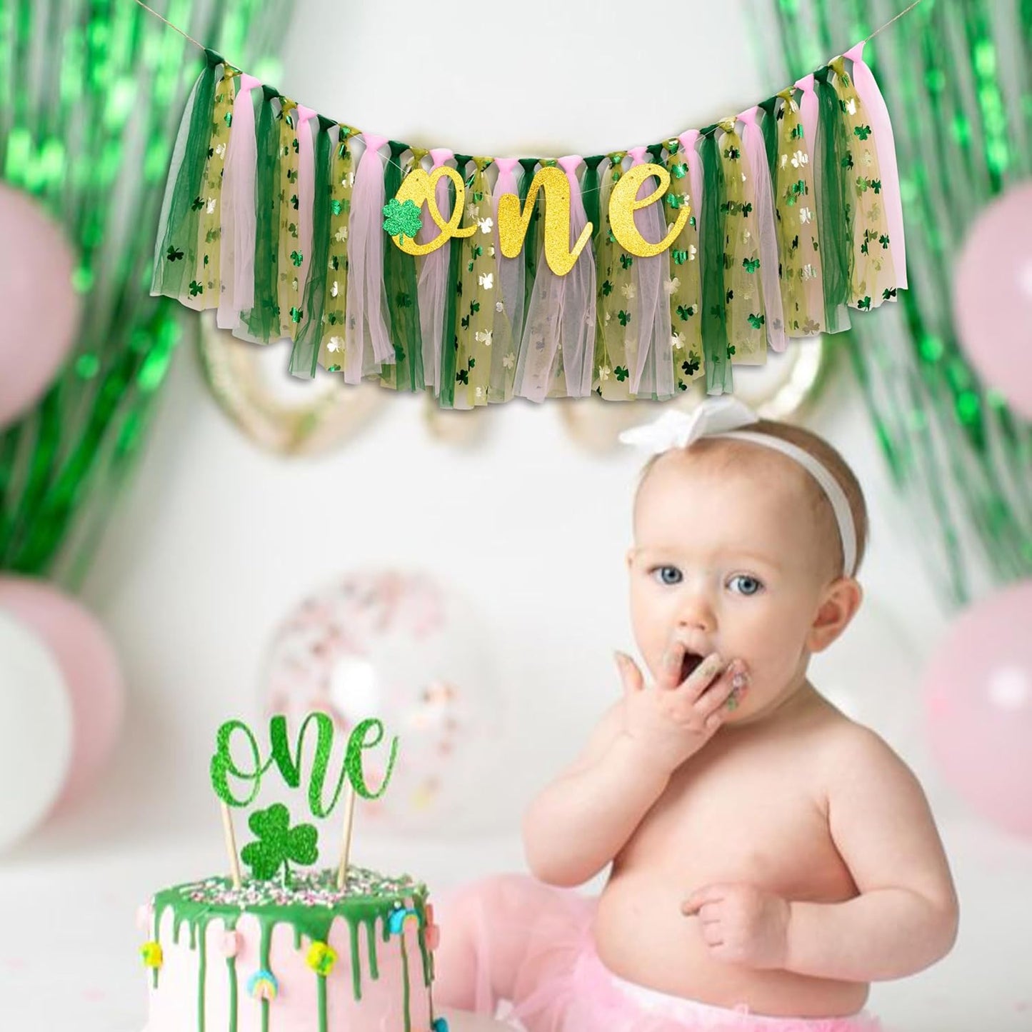 Lucky One 1st Birthday High chair Banner - St Patrick's Day Highchair Decoration, Shamrock First Birthday Party Deco, Clover Irish Highchair Tutu