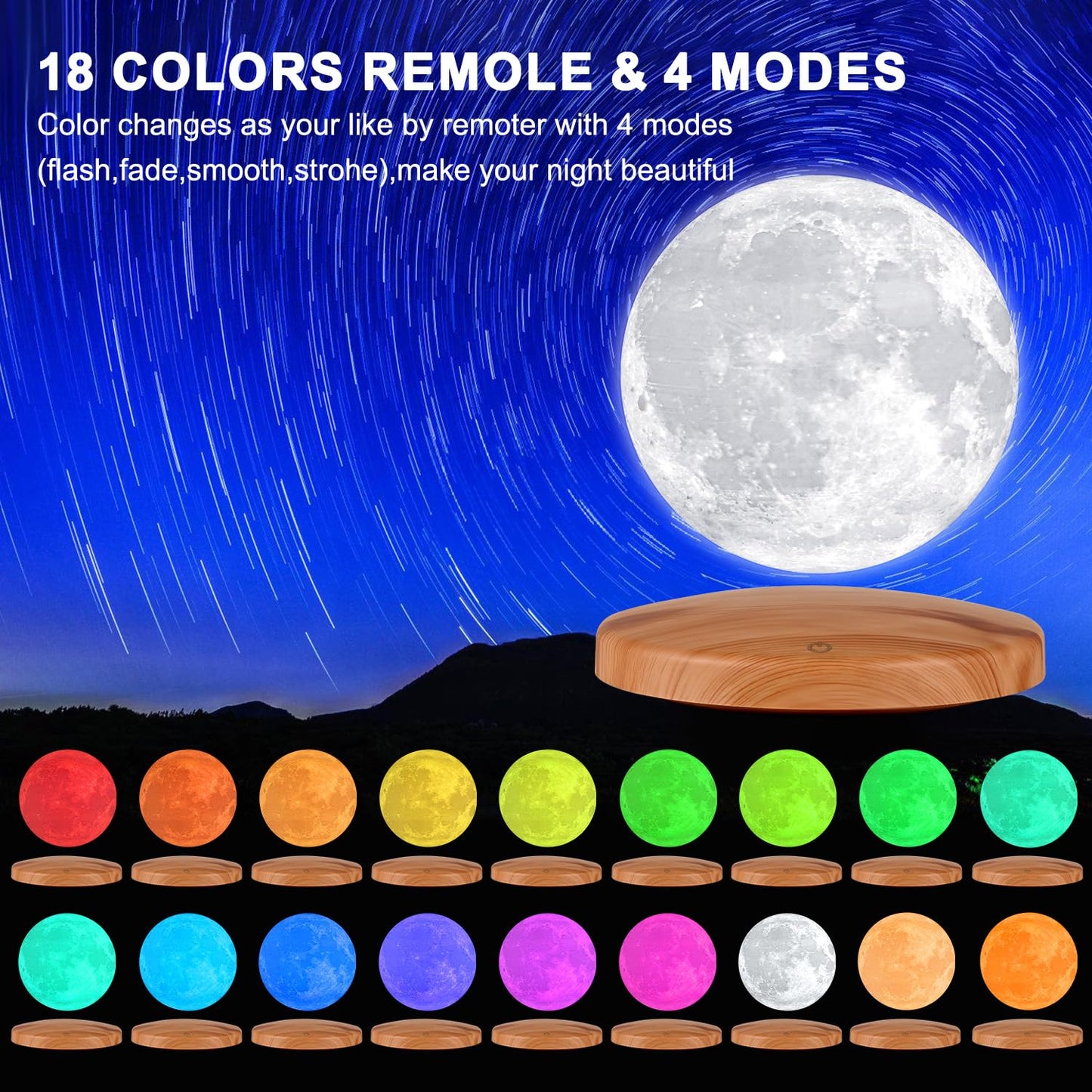 GROPINFLY Levitating Moon Lamp 6 Inch, 18 Colors LED, Remote & Touch Control, Multicolor Galaxy Night Light for Kids and mature-themeds