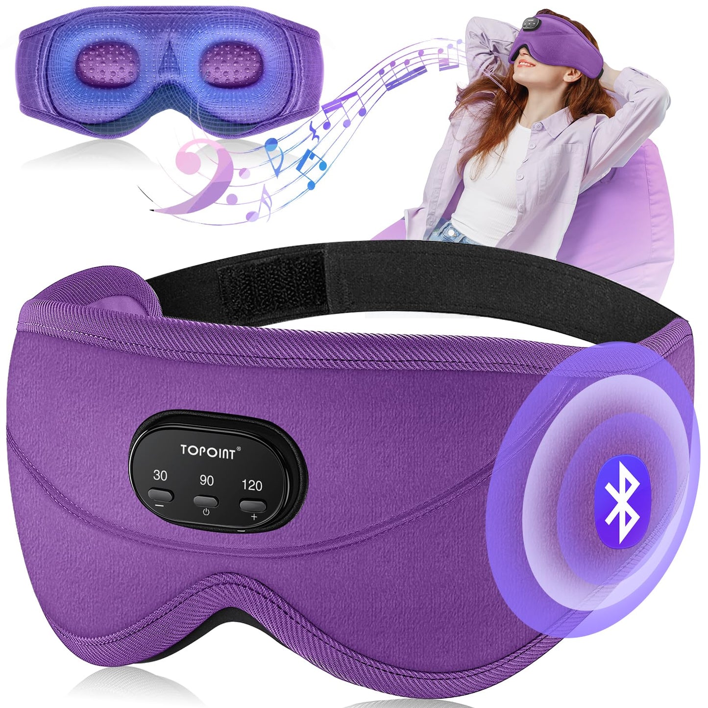 TOPOINT Sleep Mask with Bluetooth Headphones, 3D Eye Mask for Sleep Headphones with White Noise, Total Blackout, 5.4 Bluetooth, Timer, 15 Hours for Women Men, Travel, Meditation, Nap, CPAP Users
