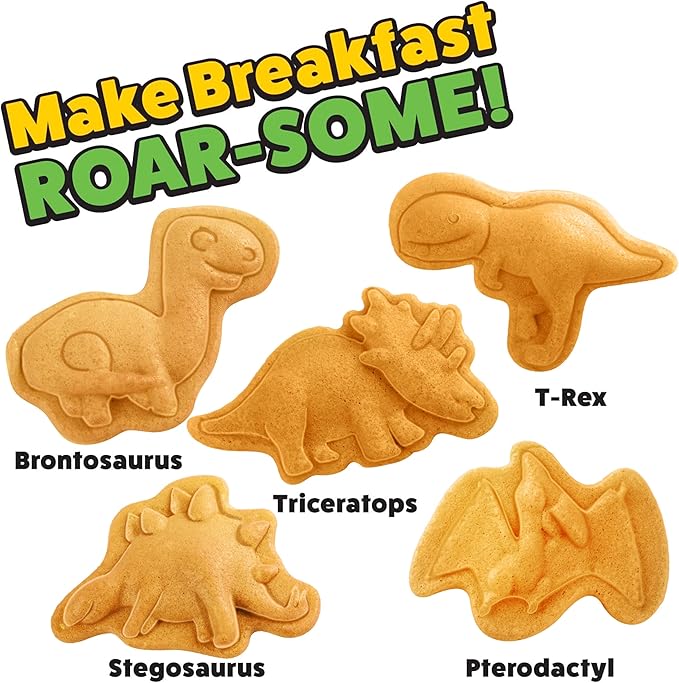 Dinosaur Mini Waffle Maker- 5 Different Double Sided 3D Shaped Dinos in Minutes- Breakfast Fun for Kids Adults w Cool Novelty Pancakes, Electric Baker, NonStick Waffler Iron w Recipe Guide, Xmas Gift