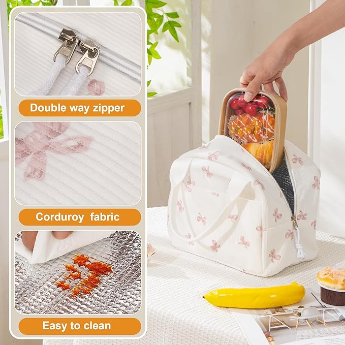 Lunch Bag for Women Insulated Lunch Box Reusable Cooler Bag Portable Cute Corduroy Leakproof Tote Bags for Travel, Work, and Picnic