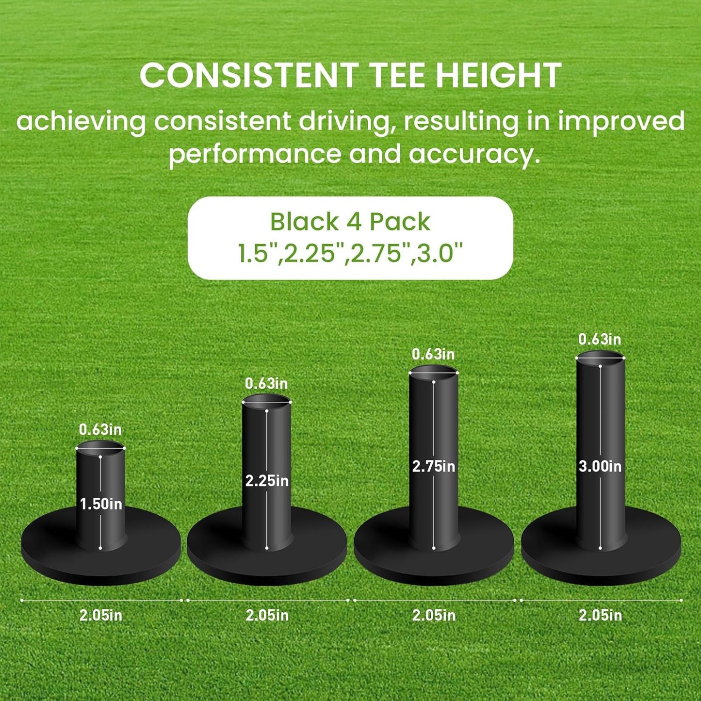 FINGER TEN Golf Rubber Tees Driving Range Value 3/4 Pack, Mixed or Same Size 1.5’’ 2.25’’ 2.75’’ 3’’ for Durable Practice Mat Holds Ball Well