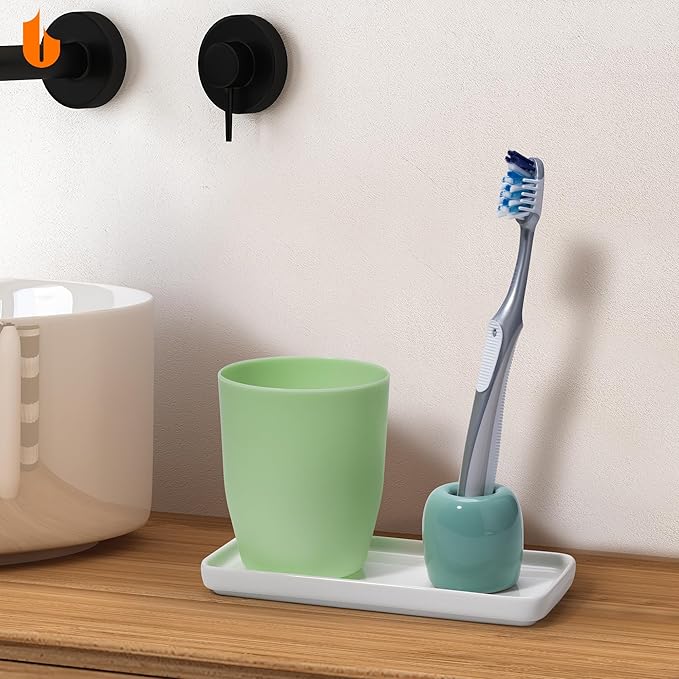Urbanstrive Ceramic Toothbrush Holders for Bathrooms, Sleek Tooth Brush Holder Toothbrush Stand Tooth Brushing Holder, Portable Bathroom Accessories Organizer, Light Blue, 2 Pack