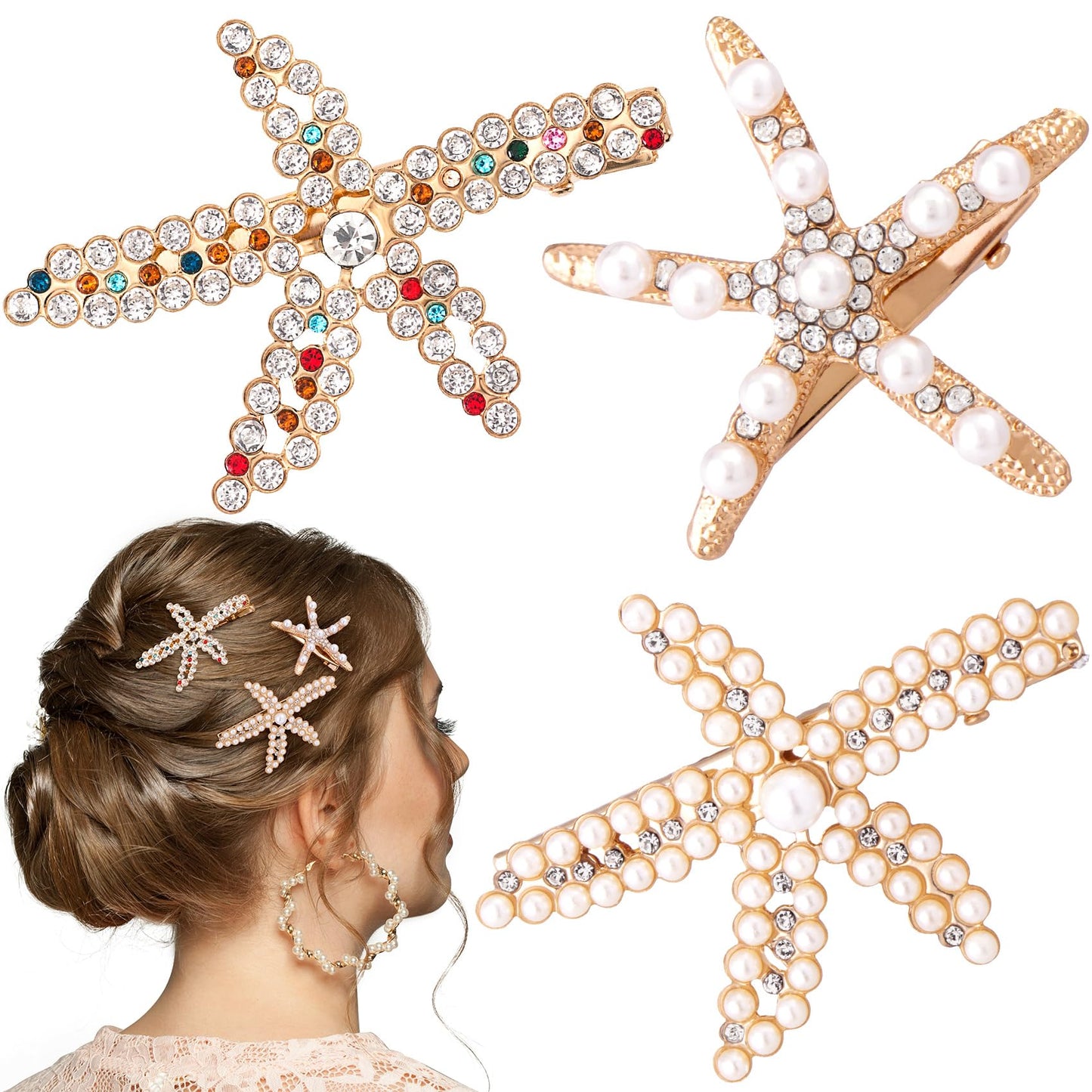 PAGOW 3 PCS Starfish Hair Clips, Gold Pearls Colorful Rhinestone Hair Clips, Crystal Sea Star Ponytail Holder, Faux Pearl Crysta