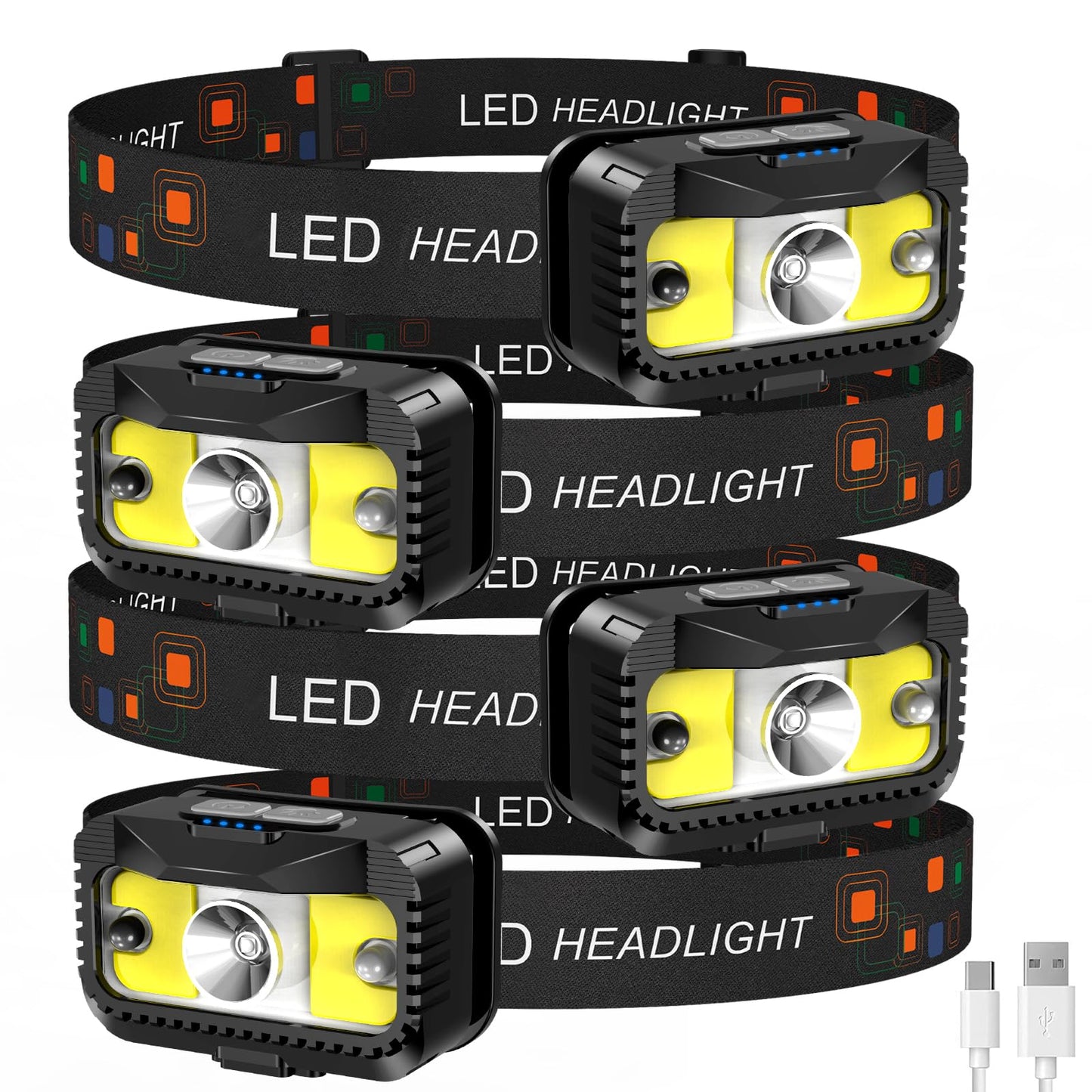 MIOISY Rechargeable Headlamp, 1200 Lumen LED, Waterproof, 8 Modes, 4 Packs, Black, Model TG-T12602