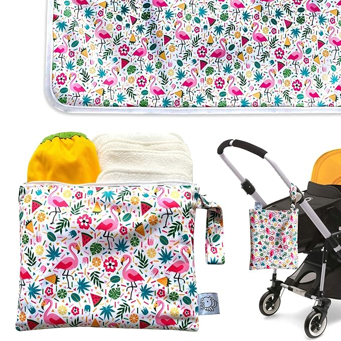 Flock Three Waterproof Baby Diaper Changing Pad with Storage Bag (43.3" X 28.7") Washable Wipeable Reusable Leak Proof Diaper Travel Mat Station Changing Mattress Liner Cribs Bed Cover, Flamingos