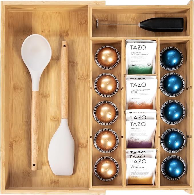 KitchenEdge Tea Bag and Coffee Pod Kitchen Drawer Organizer, Expandable 9.7 to 17 Inches, 10 Accessory Compartments with Adjustable Wall Inserts, Non-Slip Rubber Feet, 100% Sustainable Bamboo Wood