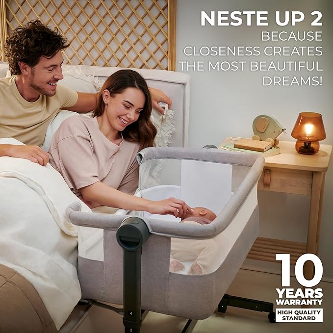 Kinderkraft Neste UP2 Bedside Cot 2 in 1, Co-Sleeper from Birth, Travel Cot for Newborn, Adjustable Height, Included Mattress Sheet, with 4 Wheels, Breathable Mesh, Beige