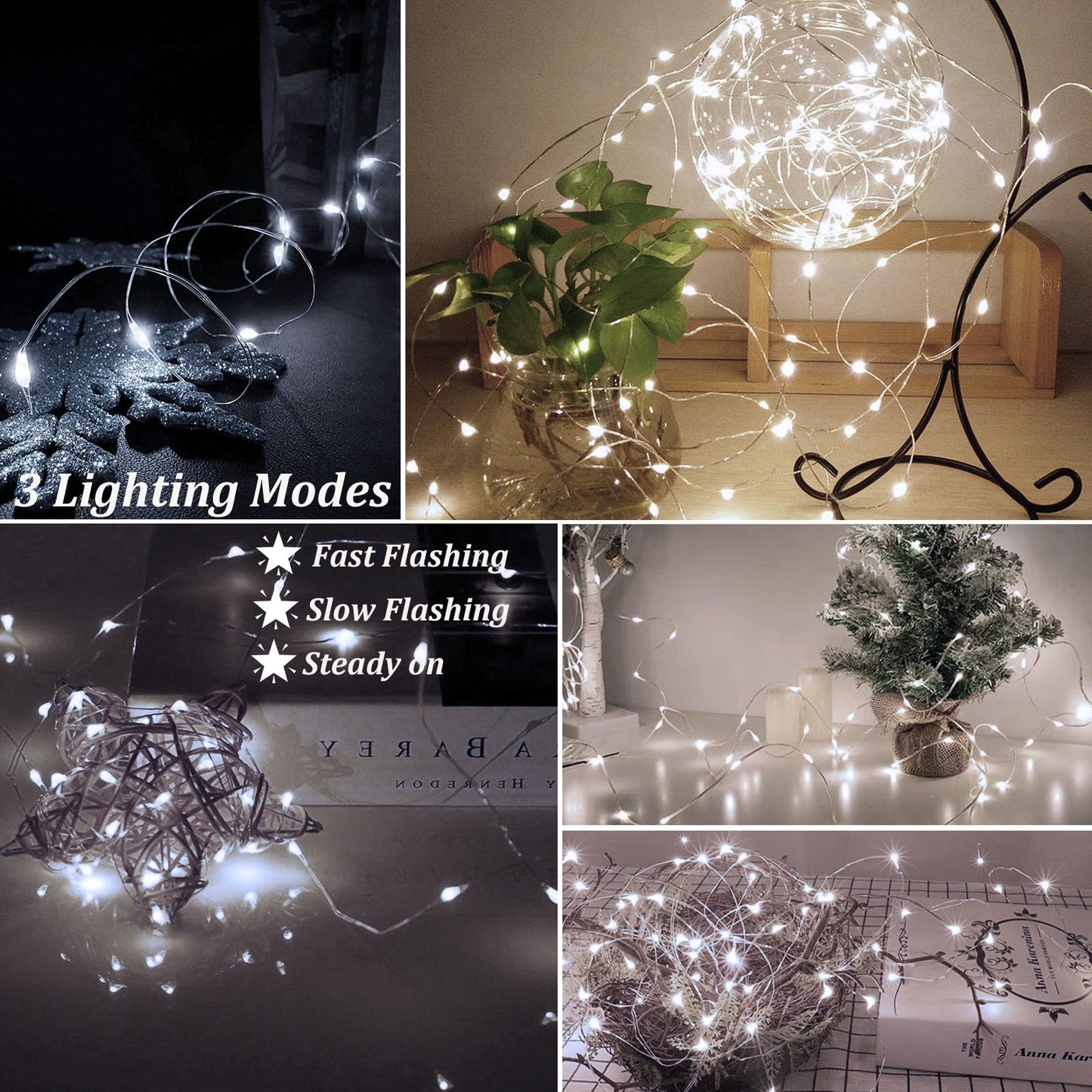 Aikei 100 Pack Led Fairy Lights Battery Operated  Mini String Lights Waterproof 7Ft 20 Led Firefly Starry Lamps 3 Lighting Modes For Wedding Party Bedroom Garden Halloween Christmas Decoration White