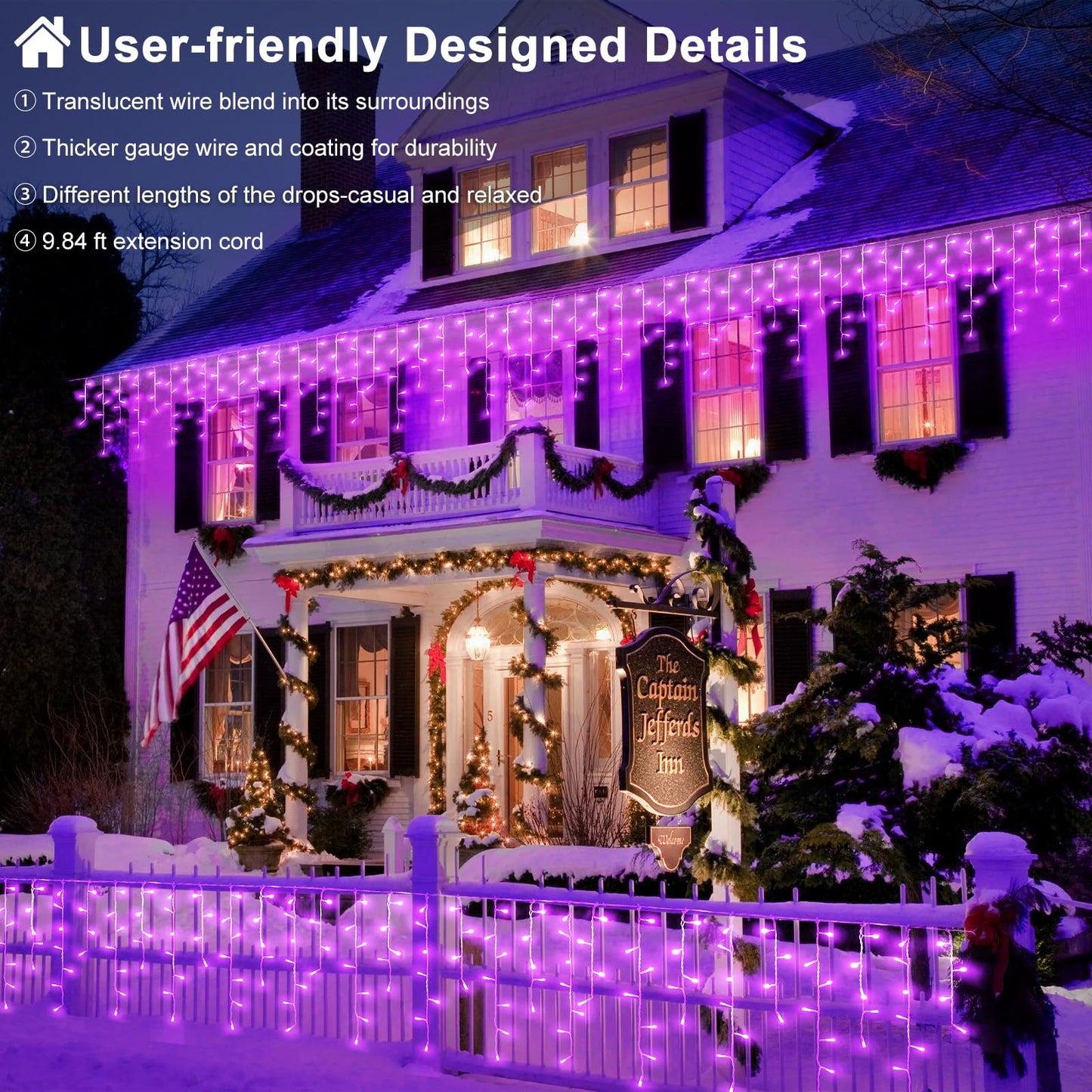 Nielfoi 400 LED Icicle Lights, 33ft Purple Outdoor String Lights, Waterproof, 8 Modes, Copper Wire for Holiday Decoration