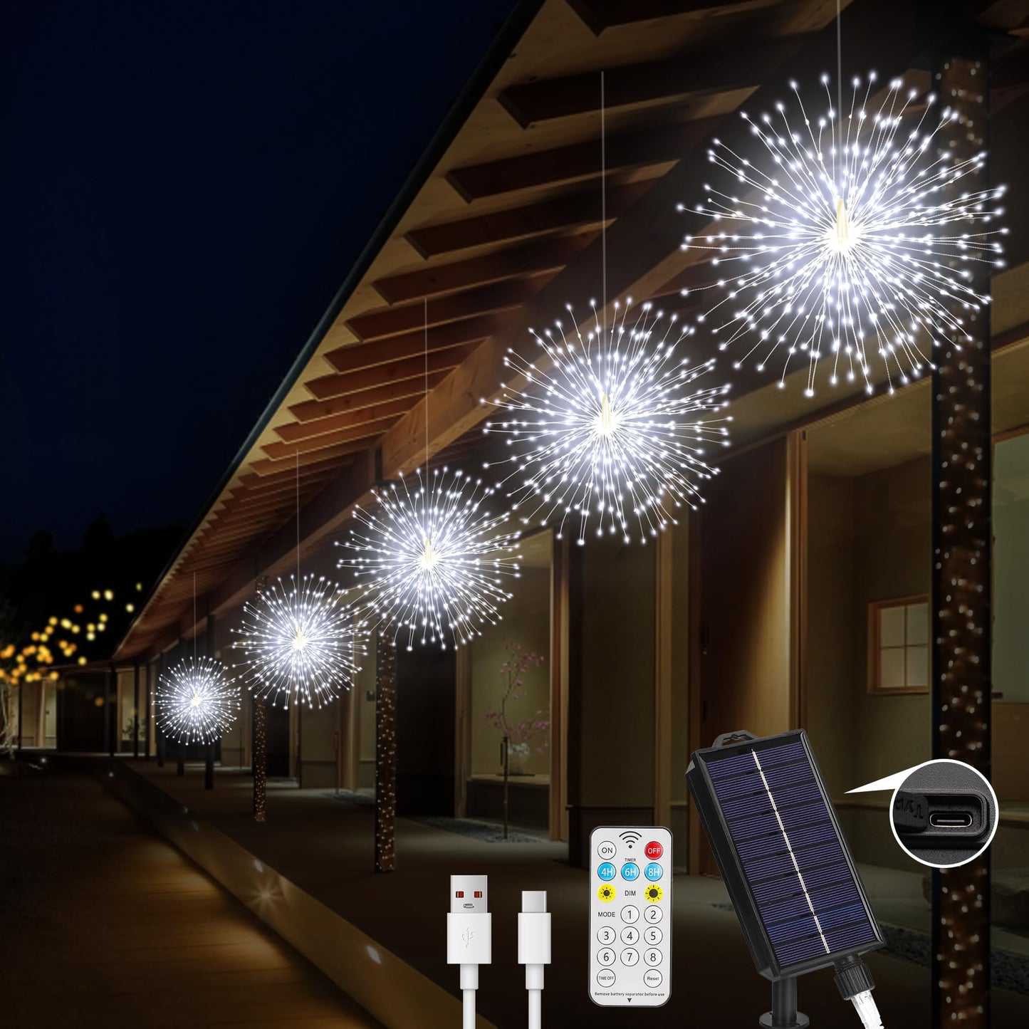 Solar Christmas Firework Lights Outdoor  5 Pack 1000Led Solar Starburst Lights With Remote  8 Modes Dimmable Waterproof Hanging Fairy Lights For Garden  Patio  Holiday Christmas Decor (White)