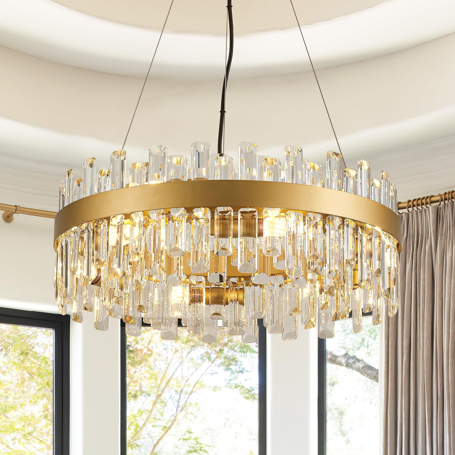 Lighceac 21.7 Gold Modern Crystal Chandelier Light Fixtures stylish 2 Rings Crystal Chandeliers For Dining Room 12-Light Round Hanging Pendant Lighting For Living Room Kitchen Island Entryway Bedroom