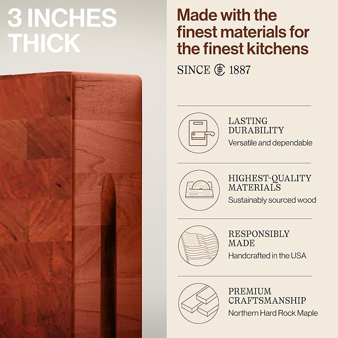 John Boos CCB Series Square Wooden Cherry Cutting Board 14”x14” – 3” Thick, 12-lb Reversible Butcher Block with End-Grain & Finger Grips – Made in the USA
