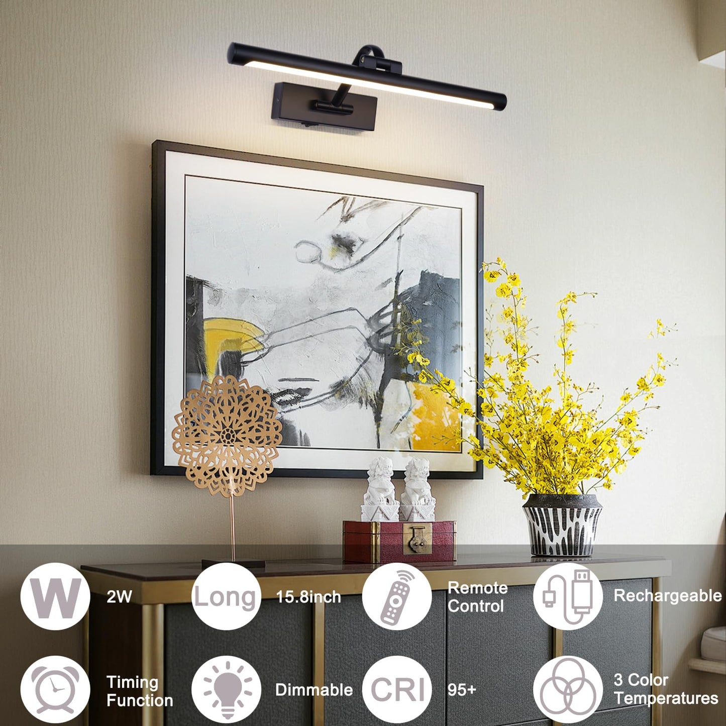 Black Picture Lights Battery Operated 16  Frame Light Rechargeable Gallery Lighting Remote Wireless Art Light For discomfort-reducingting Dimmable Display Lights With Timer Wall Sconce For Portrait Dartboard