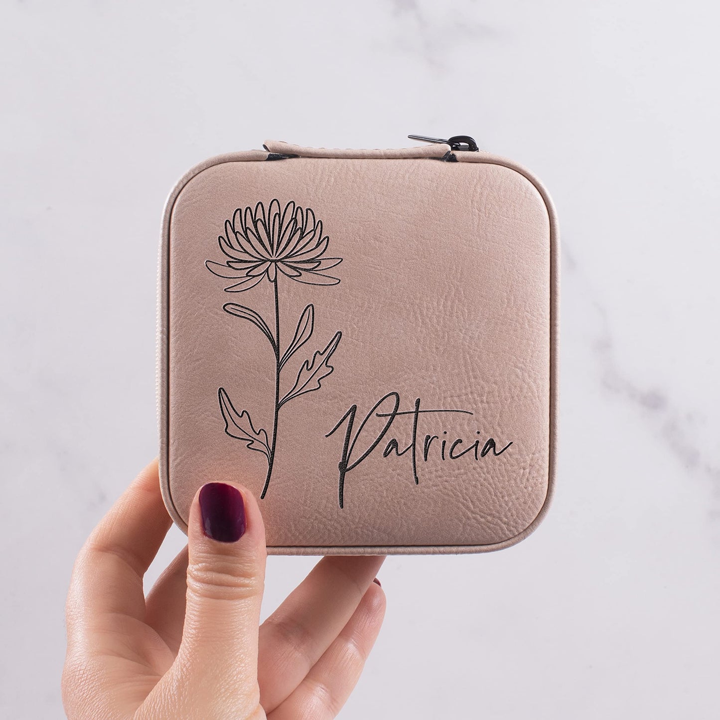 Custom Leather Customized Jewelry Organizer Box w/Name & Birth Flower Month - Birthday Gifts for Women, Mom Personalized Jewelry
