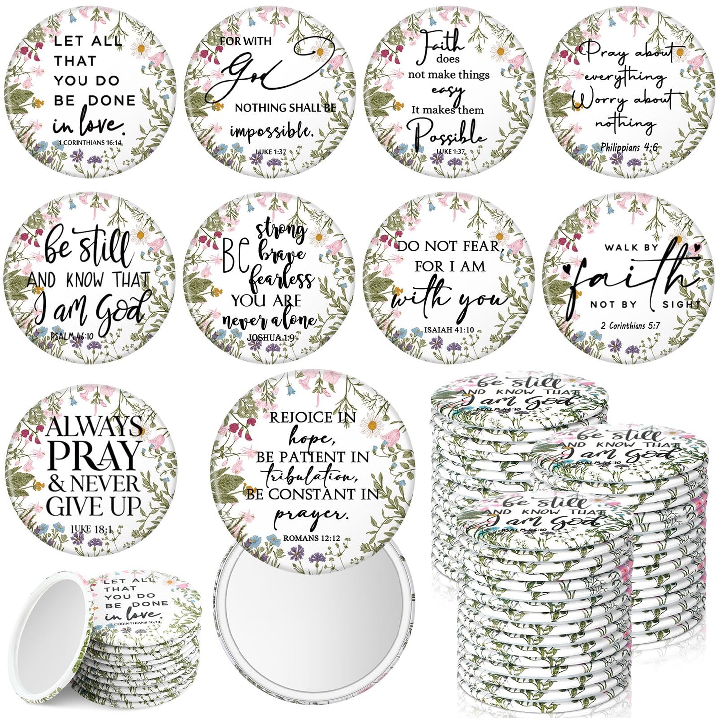 GlikCeil 60 Pcs Mother's Day Christian Gifts Bulk Mini Christian Compact Mirrors Wildflower Bible Verse Pocket Purse Mirrors Rel