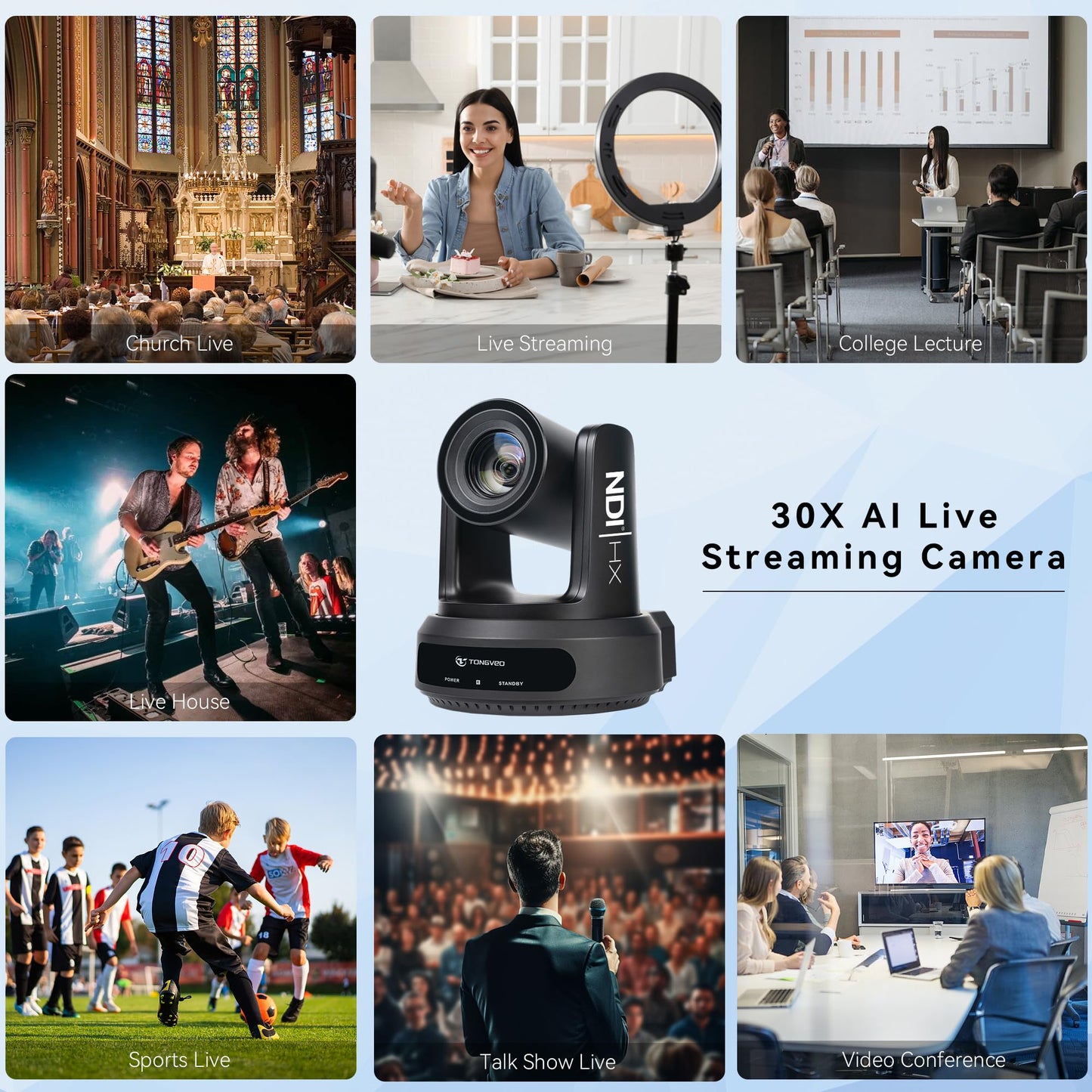 TONGVEO NDI AI Auto-Tracking IP PTZ Camera SDI/HDMI/USB3.0/LAN PoE 30X Optical + 16X Digital Zoom 1080P 60fps for Live Streaming Church Services Education Video Conference with OBS vMix and More