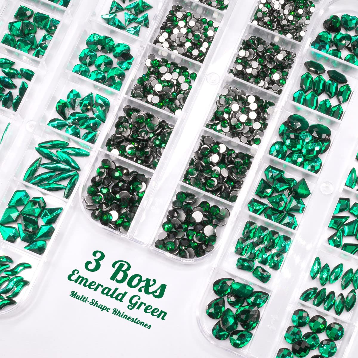 qiipii 3 Boxes Emerald Green Nail Rhinestones 240 Multi-Shapes Big Gems Dark Green Flatback Round Beads K9 Glass Crystals Stones