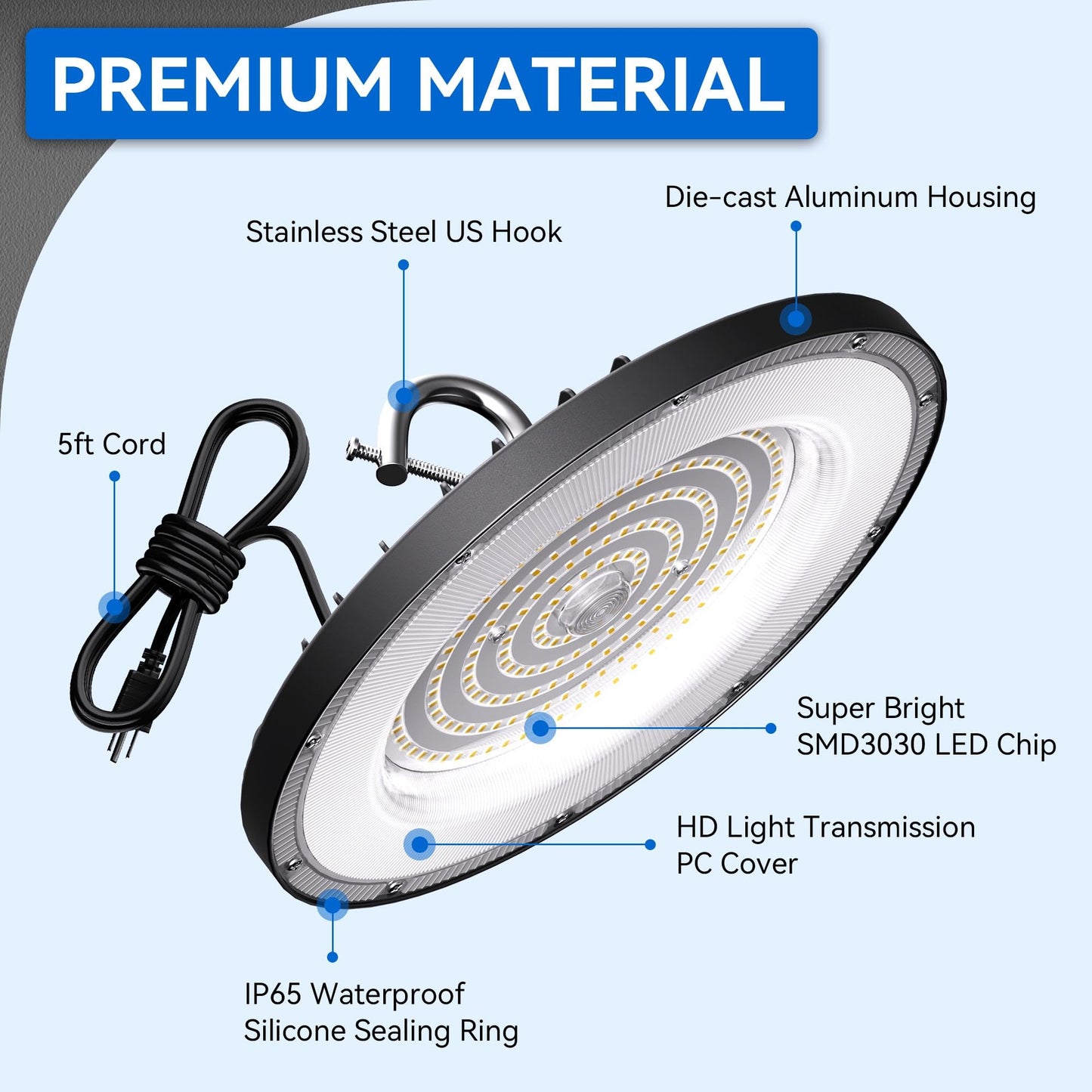 4 Pack Led High Bay Light 150W  21000Lm  6000K Daylight Ufo High Bay Led Shop Lights With 5 Cable Us Plug  Ip65 Waterproof 120V Commercial Lighting Fixture For Warehouse Workshop Barn Factory