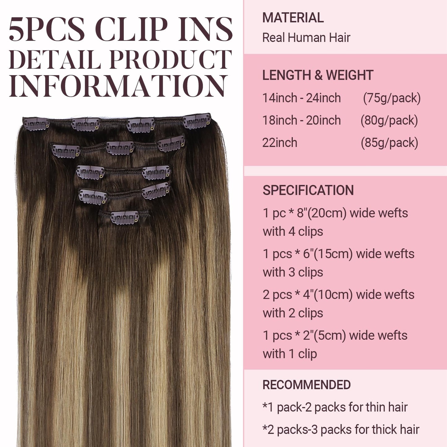 MAXITA Human Hair Extensions Clip in, 5pcs 85g Balayage Chocolate Brown to Caramel Blonde 22 Inch, Remy Clip in Hair Extensions
