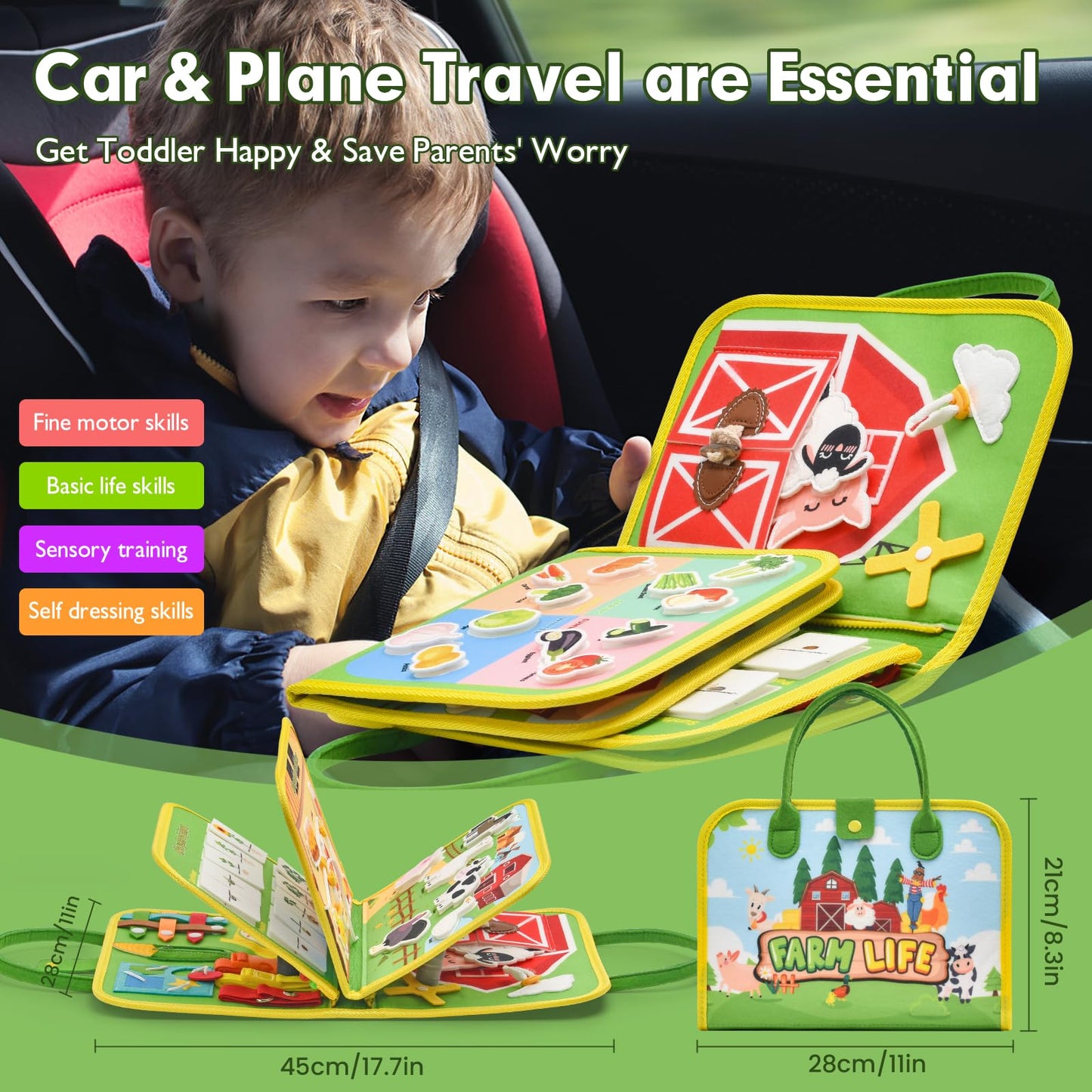 Silouka Toddler Busy Board Montessori Toys, Sensory Board Busy Book for Toddlers 1-3 Birthday Gifts - Preschool Learning Life Skills, Farm Green, 8 Pages