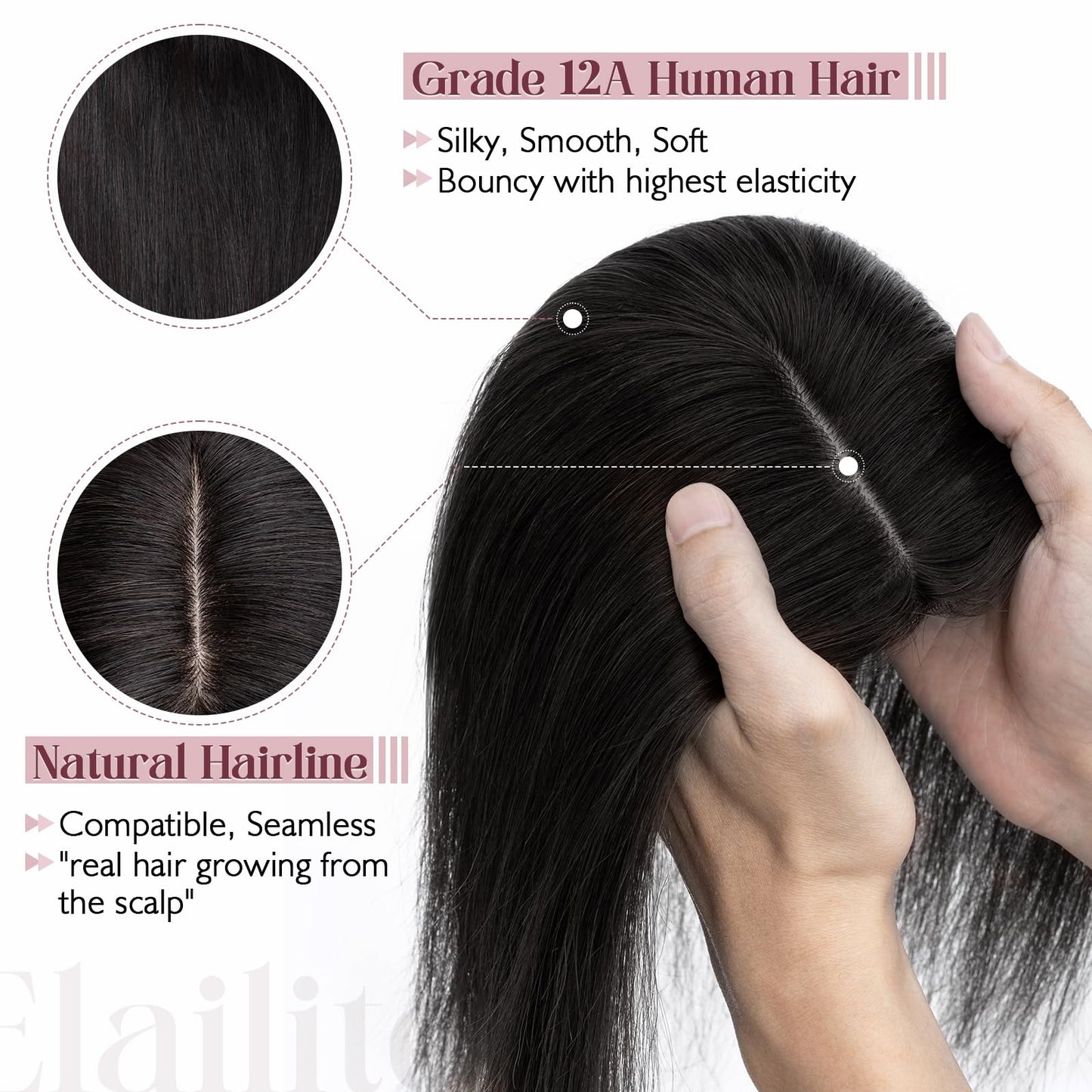 Elailite Hair Toppers for Women Real Human Hair Topper Thinning Thin 5.1x2.8 Silk Base Clip in Remy Hairpieces 10 Inch Natural B