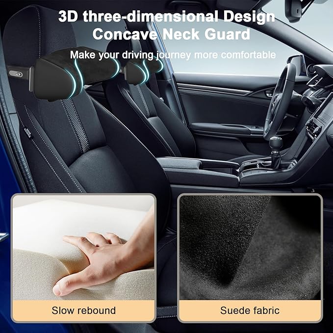 Car Headrest Pillow 2 Pack Car Neck Pillow for Driving Seat Head Support Memory Foam Auto Car Pillow Neck Adjustable Support for Front Seat Fit for Different Heights, with Hook, Tablet Holder