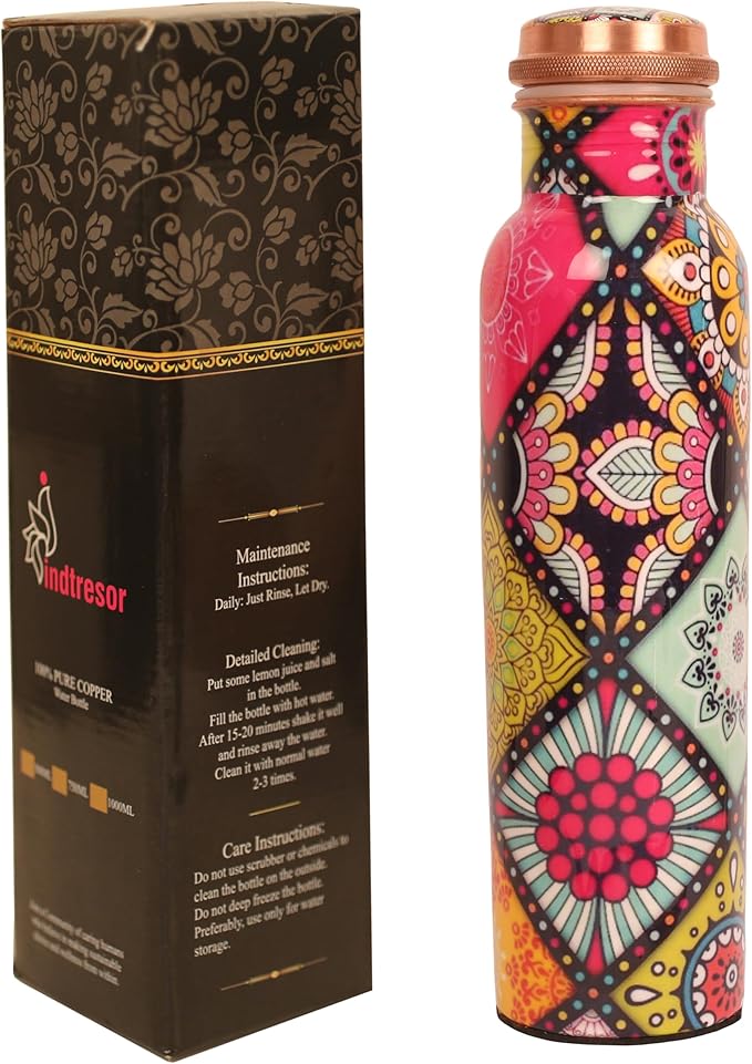 Pure Copper Water Bottle - Handcrafted - Ayurveda health benefits - Large 35 oz - Leak proof - Easy to carry for Sports, Fitness, Yoga, School - Artistic Petals Multicolor Enamel