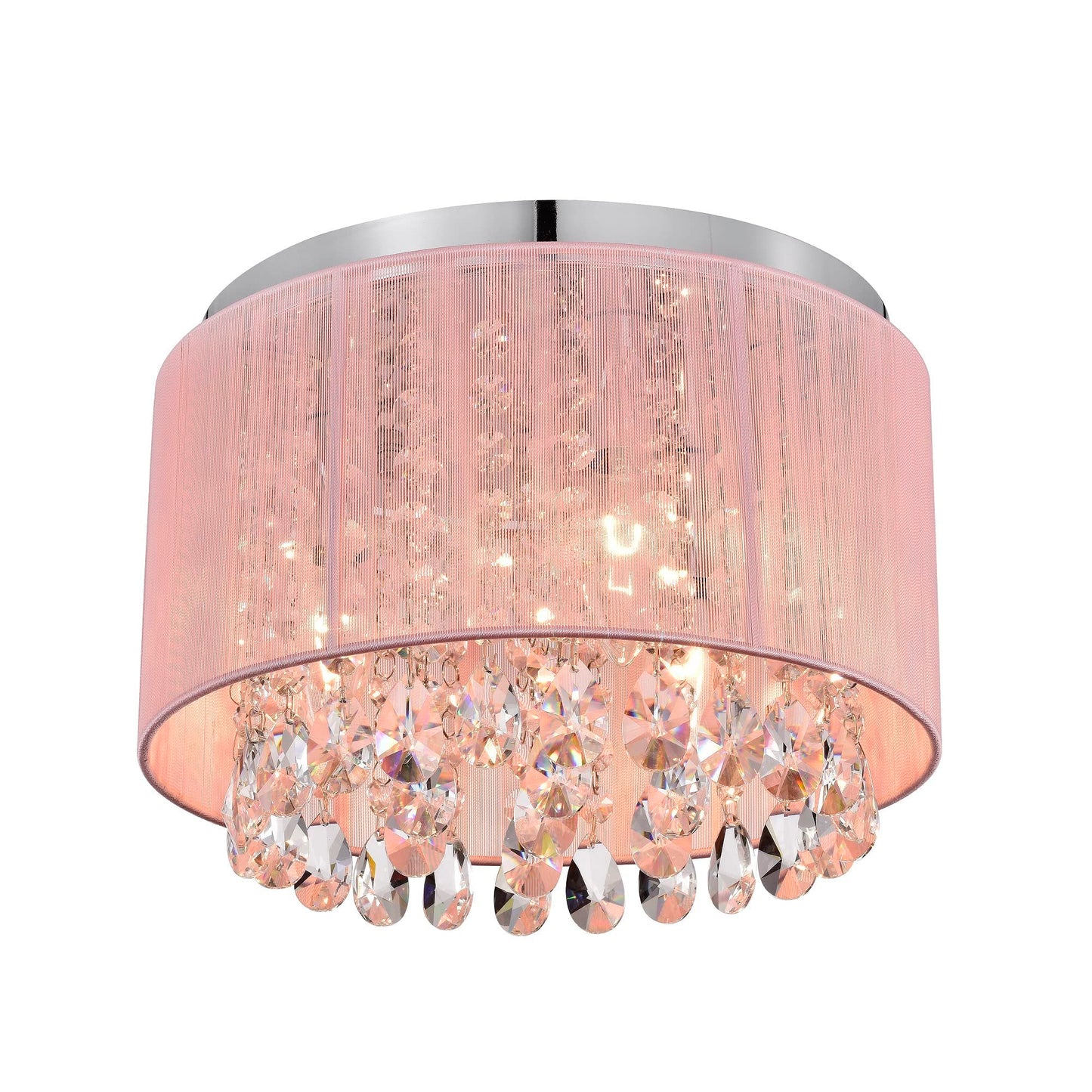 Lalula Pink Chandelier Drum Flush Mount Light Fixture - 3-Light 11 Round Crystal Ceiling Light For Girls Bedroom