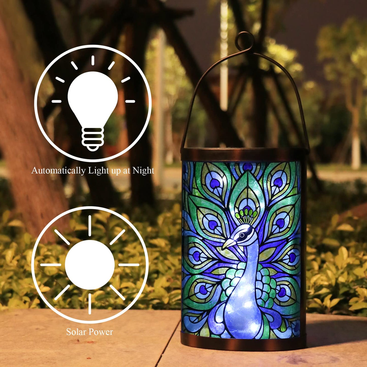 MUMTOP Hanging Solar Lantern, Peacock Model, Waterproof LED, Dark Green, Decorative Tabletop Lamp for Outdoor Patio Garden Decor