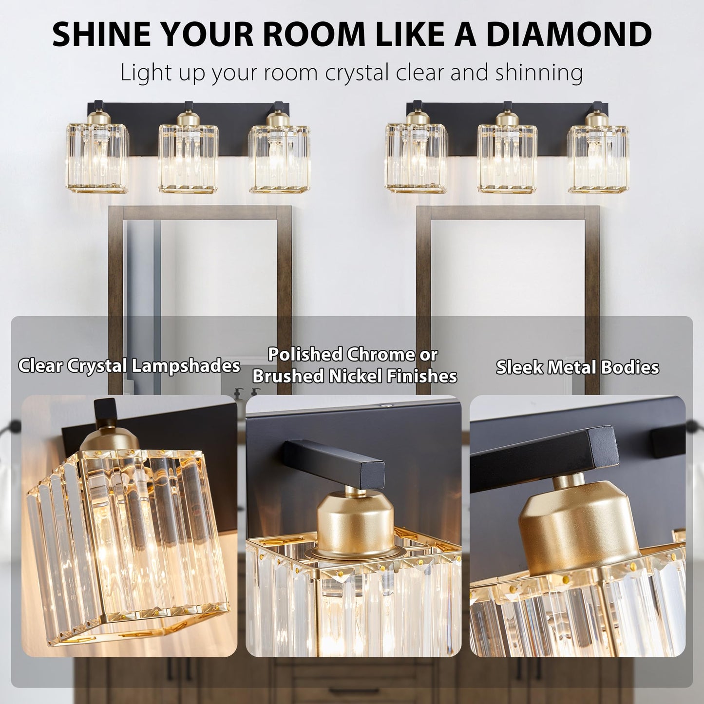 Diamondforge Bathroom Vanity Light Fixtures Over Mirror - Makeup Lighting Black Gold - For Modern Wall  Bath  Desk  Farmhouse  Hallway 3 Crystal Lights