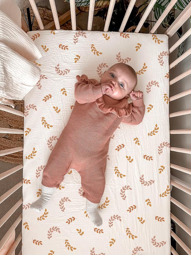 Pack and Play Sheets for Baby Boys and Girls 39"x27"x3", Neutral Muslin Cotton Pack N Play Mattresses Sheet with Boho Style, Soft and Breathable Comfort (Leaf)