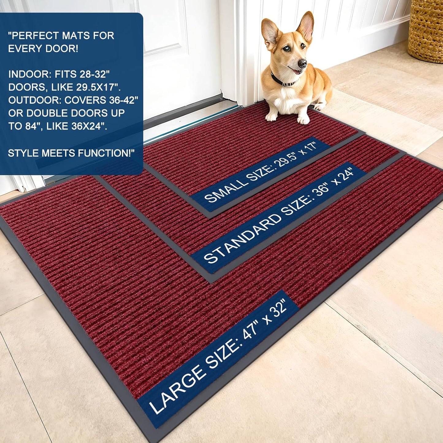 OLANLY Front Door Mat Indoor Outdoor Entrance, Waterproof Heavy Duty Doormat, Fade Resistant, Low Profile, Easy Clean Patio Porch Welcome Floor Mats for Entry, 59x24, Wine Red