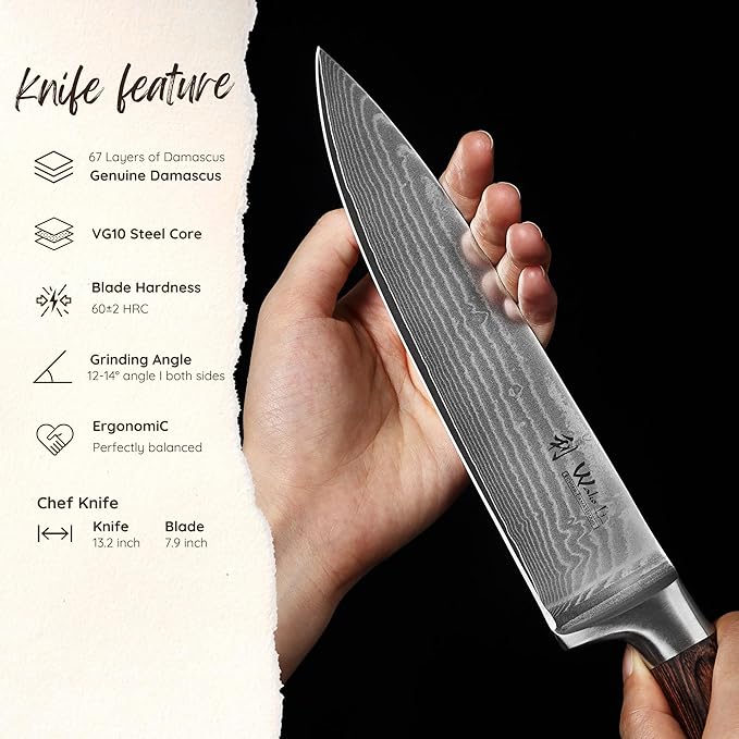 Wakoli EDIB Damascus Chef Knife – 7.9-Inch Japanese Style Kitchen Knife | Genuine 67-Layer Damascus Steel Blade with VG10 Core | Ergonomic Pakkawood Handle | Professional Cooking Knife in Gift Box