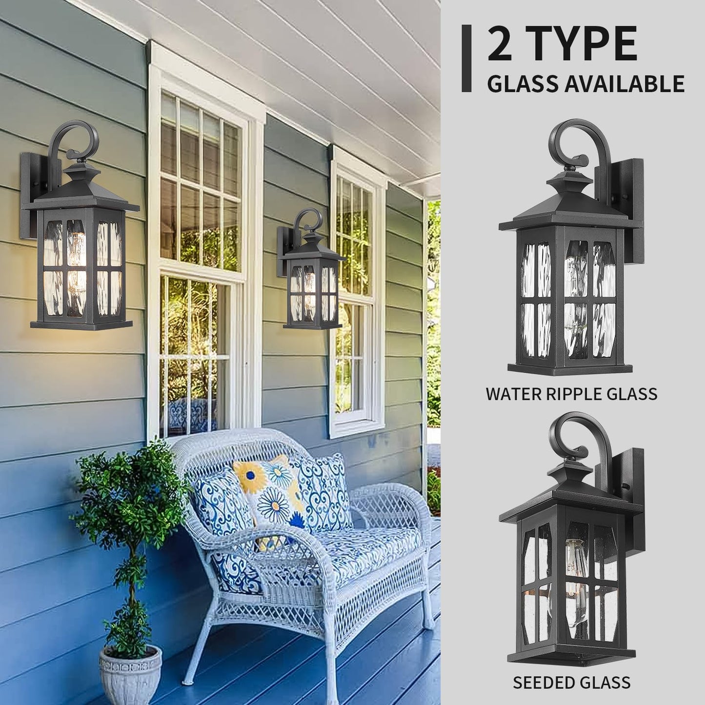 Darkaway Outdoor Light Fixtures Wall Mount  2Pcs Outside Wall Lights Exterior Lighting Fixture With Water Ripple Glass Outdoor Wall Sconce For House Porch Hallway Garage Front Door