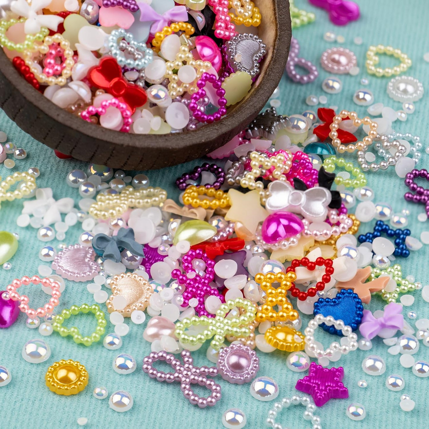 600Pcs 3D Multi Shapes Nail Charms and Flatback Pearls, Colorful&White Mix Styles Heart Star Bow Sunflower Embellishments for Na