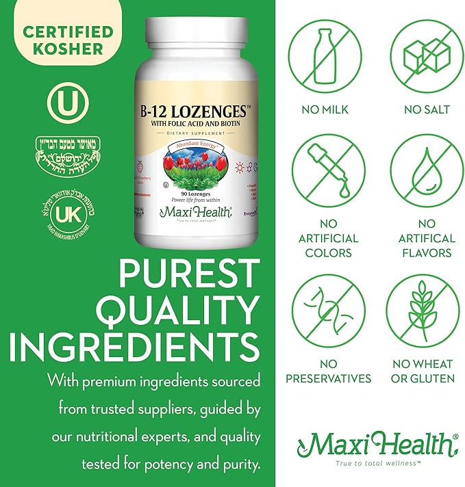 Vitamin B12 Lozenges with Folic Acid and Biotin - Sublingual B 12 Vitamins Strawberry Flavor - Vegetarian Kosher B 12 Vitamin - VIT B12 Supplement for Red Blood Cell Production and Energy (90 Count)