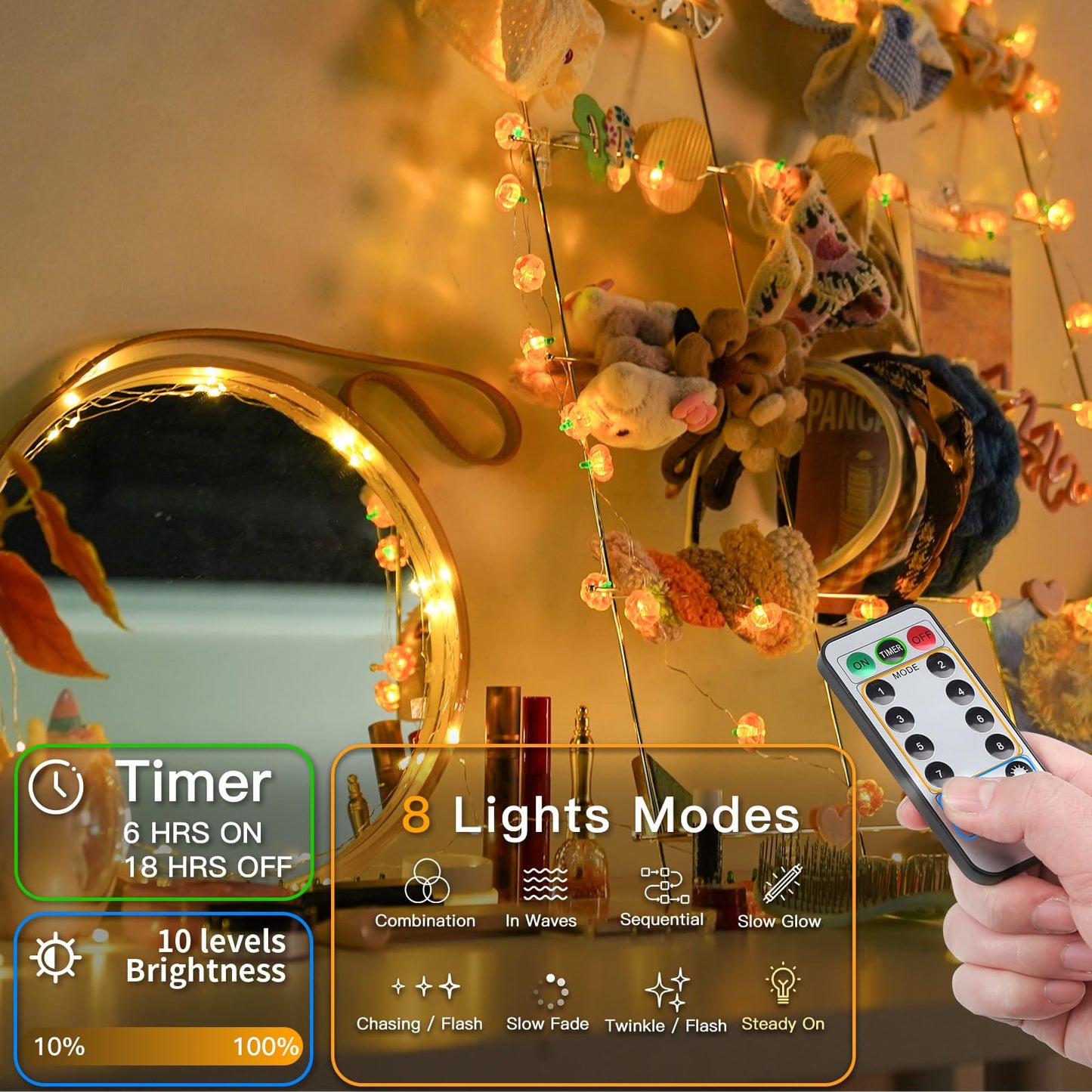 suddus Thanksgiving Lights - 40 LED Battery Operated Fairy Lights, 12.8 Ft, Orange Tiny Pumpkin, 8 Modes for Indoor Decorations