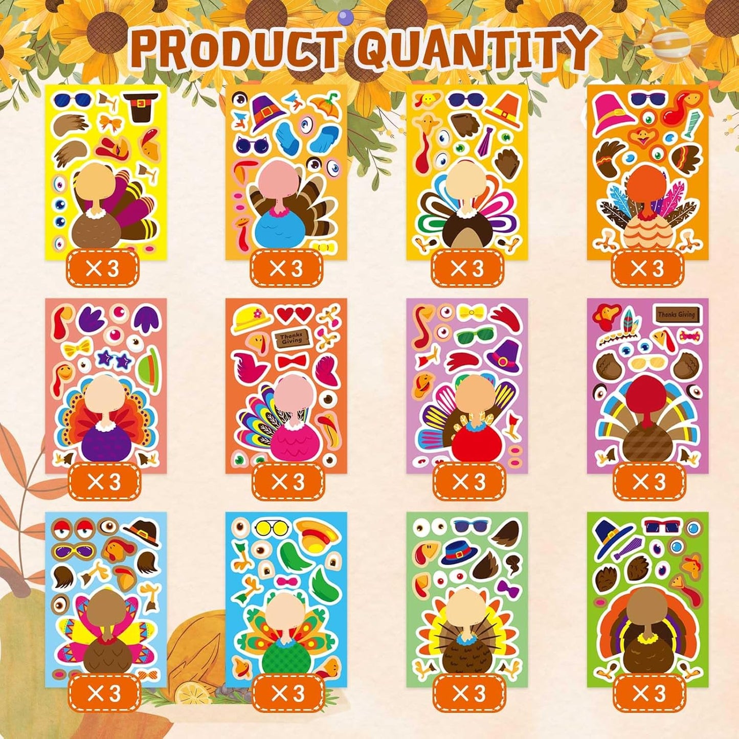 Make A Turkey Stickers, 36 Sheets Make Your Own Turkey Stickers Thanksgiving Stickers for Kids Classroom Reward, Autumn Stickers Fall Theme Party Favor Thanksgiving Crafts for Kids,12 Desgins