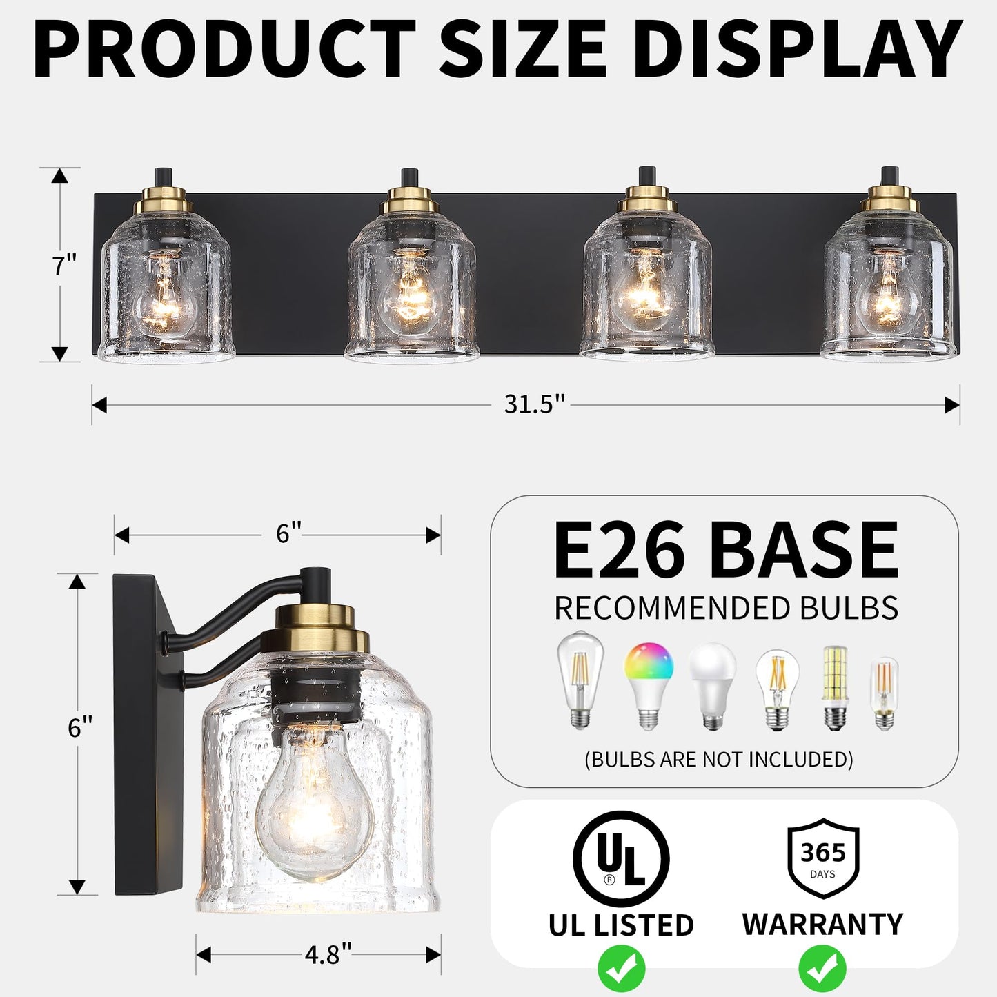 YKLITG 4-Light Bathroom Vanity Light, Black & Gold Metal with Bubble Glass Shades, Rustic Sconce, Model BD005-4-BG