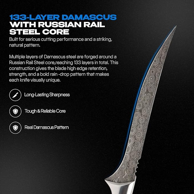 Handmade Damascus 7" Fillet Knife - Flexible Kitchen Knife for Precise Cutting, Ideal Boning Knife for Meat & Fish Fillet, Premium Filet for Fish