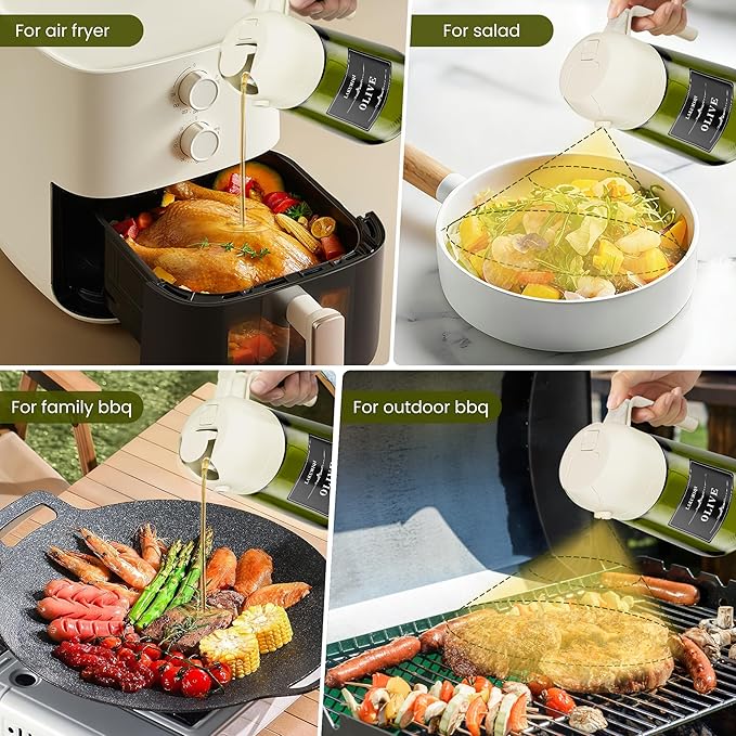 2 in 1 Oil Sprayer for Cooking 16oz, Green Light-Blocking Glass Olive Oil Dispenser Bottle, Food-Grade Oil Mister with 8 Stickers for Kitchen Salad Frying