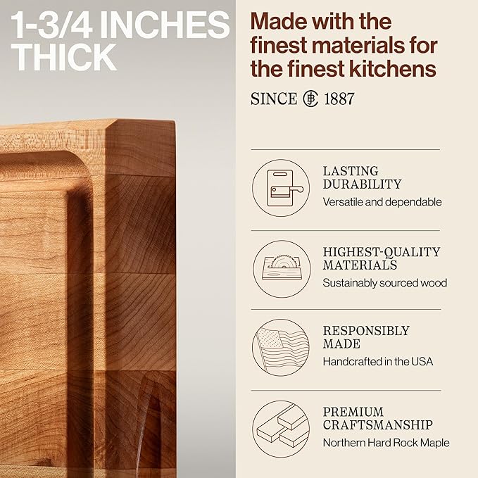 John Boos CB Series Square Wooden Maple Cutting Board 15”x15” – 1.75” Thick, 12-lb Reversible Butcher Block with Juice Groove, Edge-Grain & Finger Grips – Made in the USA