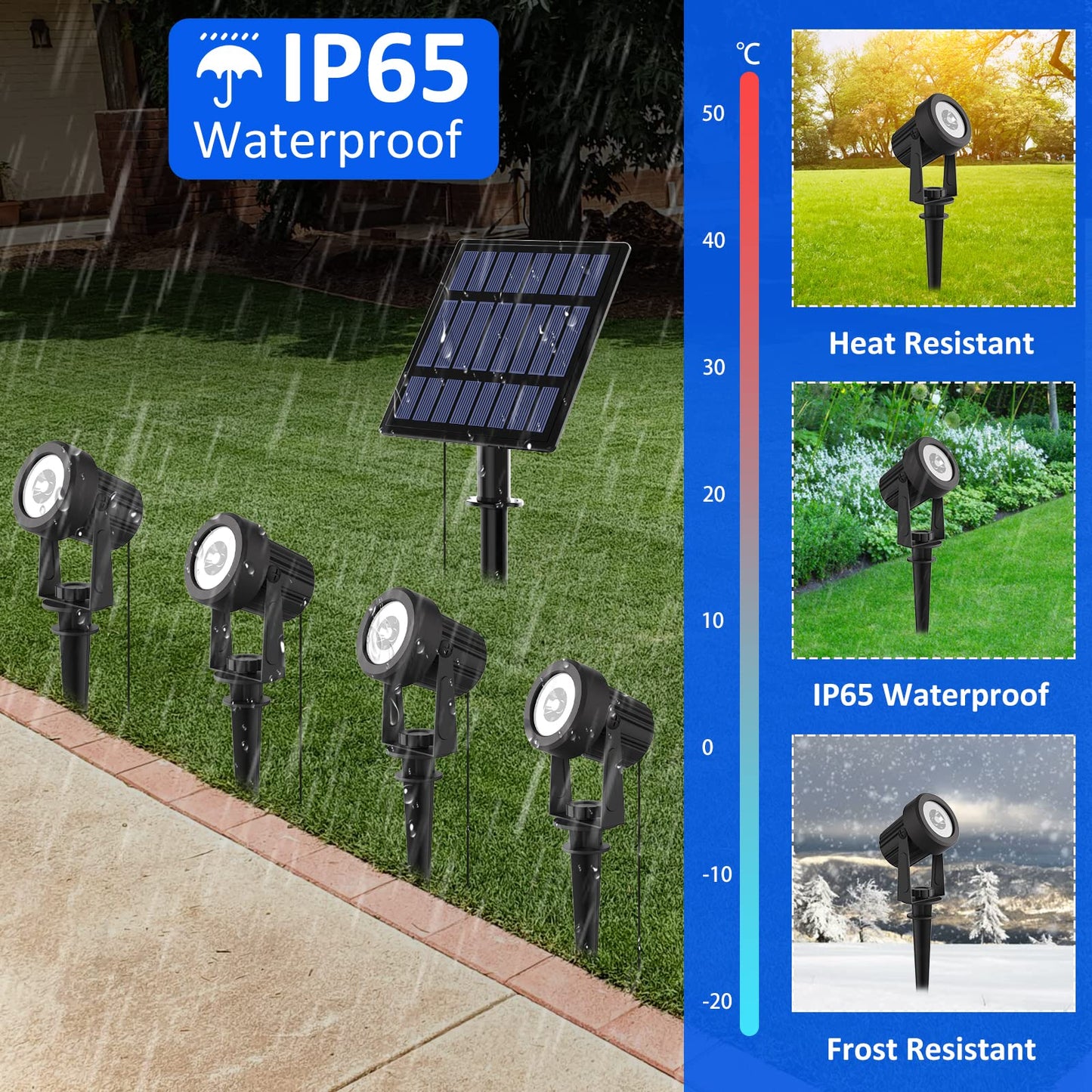 T-SUNUS Solar Garden Spotlight, 4-in-1, IP65 Waterproof, 5W Solar Panel, Auto On/Off, Warm White 3000K, Yellow