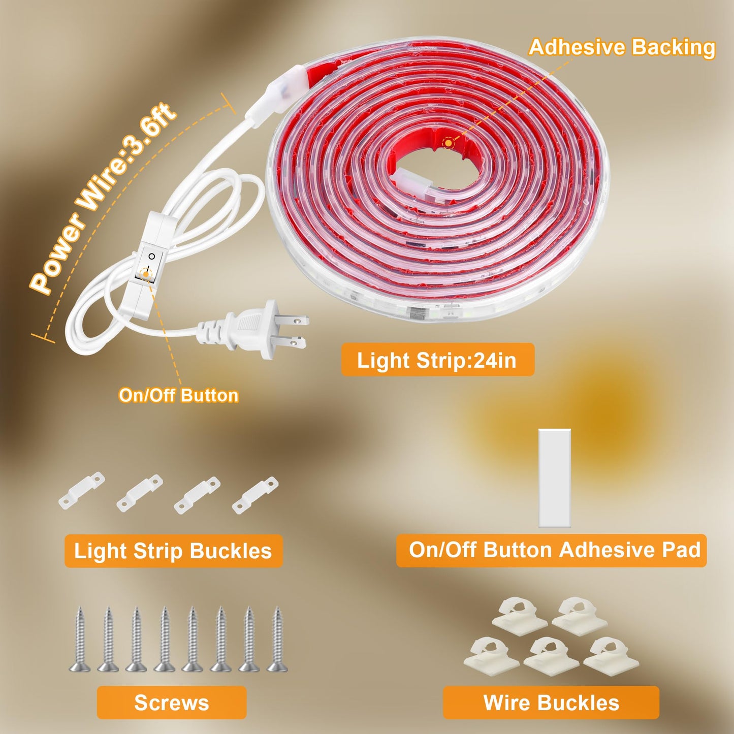 maylit LED Strip Lighting Plug in 24in, Warm White, Ultra Bright, PCB+LED, Model 2700K for Kitchen, Cabinet, Workbench, Indoor