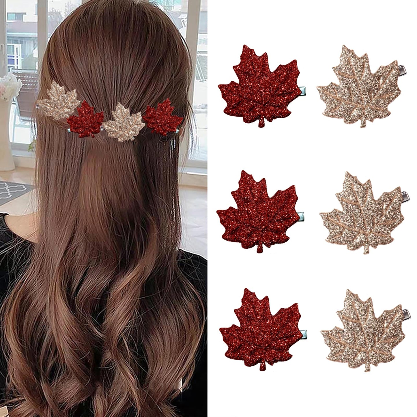 Fall Hair Clips for Women Girls Glitter Maple Leaf Hair Accessories Autumn Cute Barrettes Thanksgiving Red Gold Leaves Hairpins