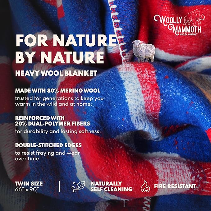 Woolly Mammoth Woolen Company Merino Wool Camping Blanket - 66 × 90 in, Red/White & Blue Plaid - 80% Merino Wool Heavyweight Outdoor Throw Blanket - Insulating for Picnic & Travel